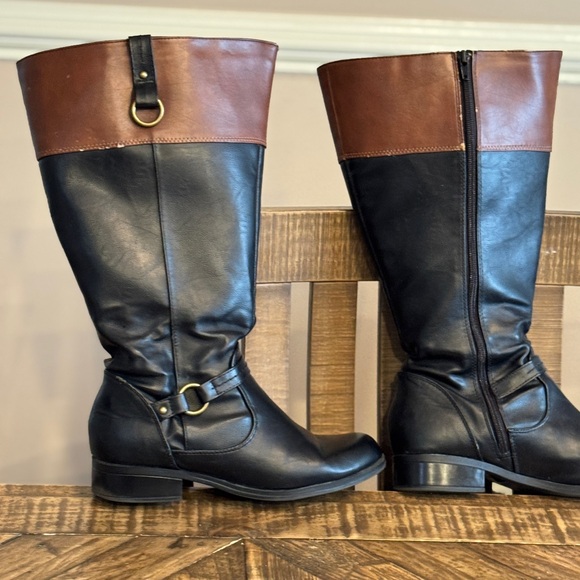 Shoes - Two-Tone Black and Brown Mid-Calf Riding Boots - Women's Zip Heeled Boots
